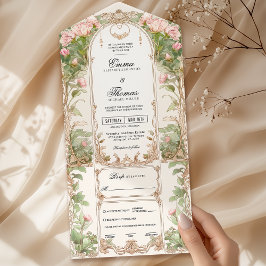 Invitación a la boda del marco floral rosado de Ru