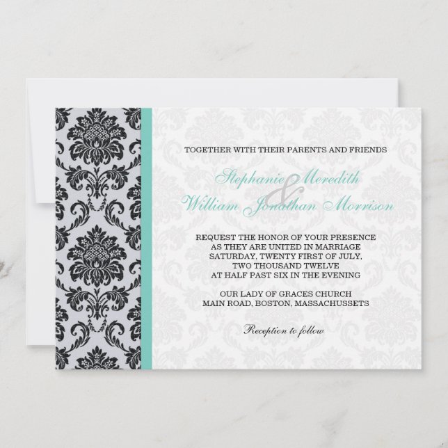 Invitación a la boda del monograma de Aqua Damask (Anverso)