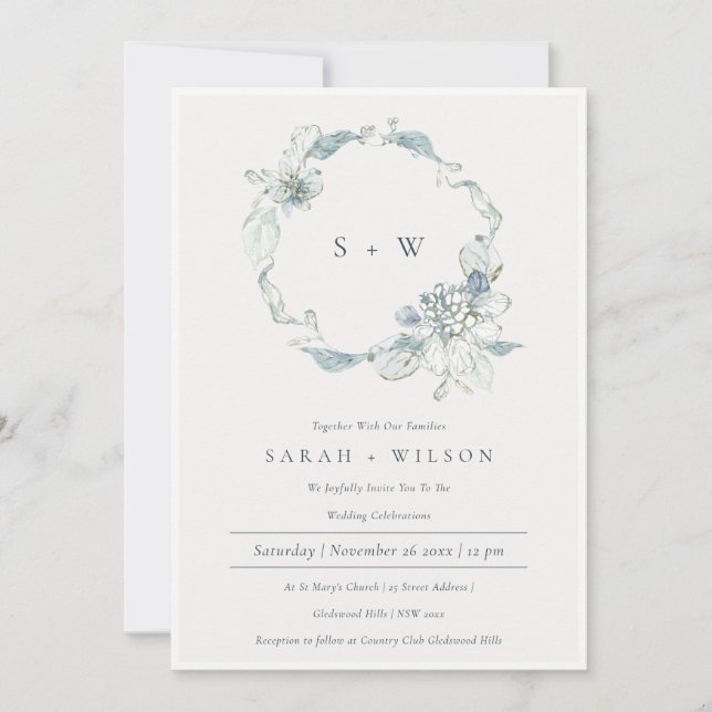 Invitación a la boda del monograma de la flor azul (Anverso)