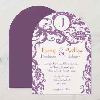 Invitación a la boda del monograma de Plum Damask
