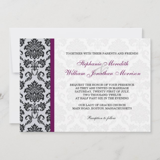 Invitación a la boda del monograma de Plum Damask (Anverso)