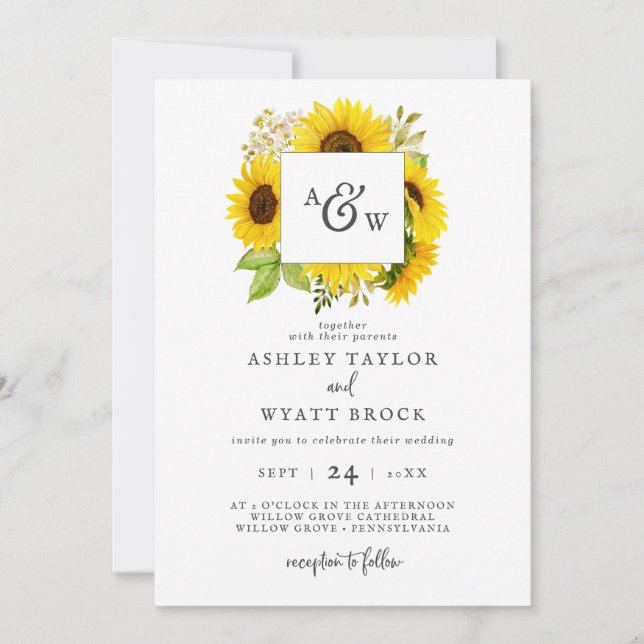 Invitación a la boda del monograma del girasol del (Anverso)