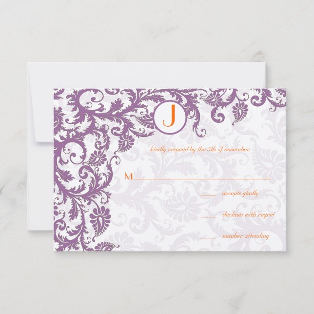 Invitación a la boda del monograma del Plum Damask (Anverso)