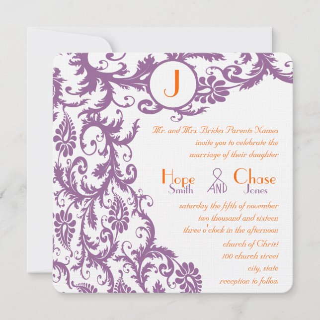 Invitación a la boda del monograma del Plum Damask (Anverso)