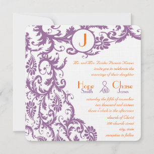 Invitación a la boda del monograma del Plum Damask