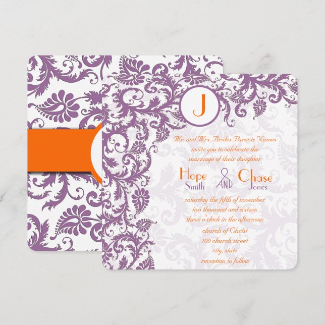 Invitación a la boda del monograma del Plum Damask (Anverso / Reverso)
