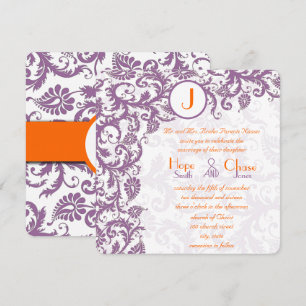 Invitación a la boda del monograma del Plum Damask