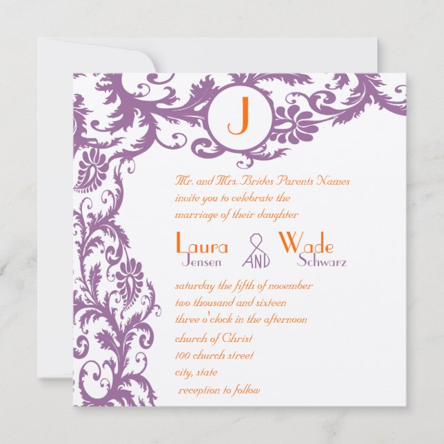 Invitación a la boda del monograma del Plum Damask (Anverso)