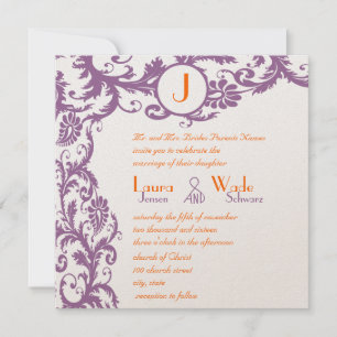 Invitación a la boda del monograma del Plum Damask