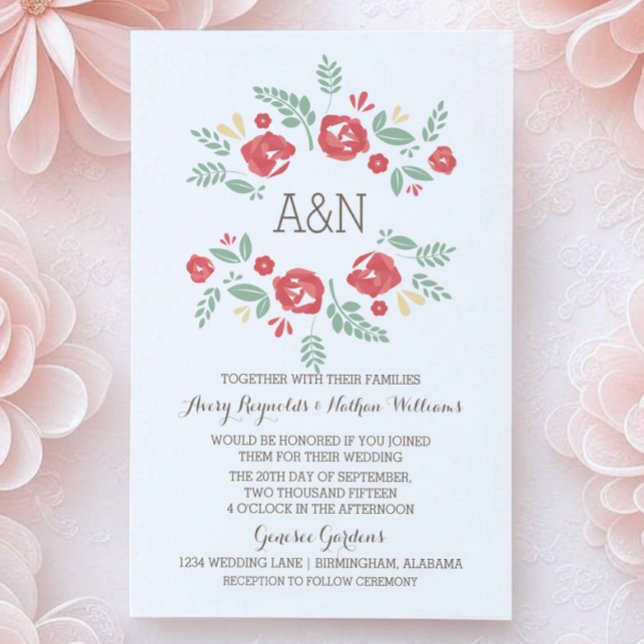 Invitación a la boda del monograma floral del país (Red Country Floral Monogram Wedding Invite)