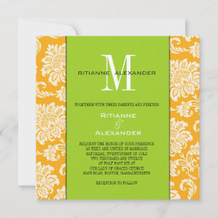 Invitación a la boda del Monograma Verde de Damask
