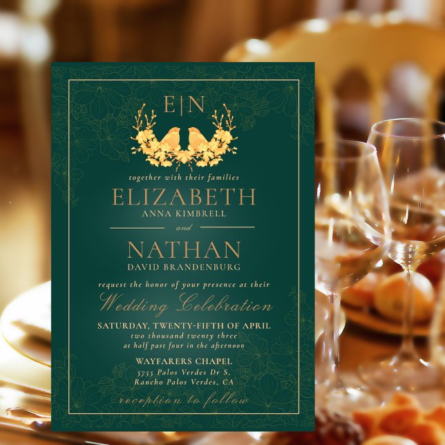 Invitación a la boda del monograma verde de oro el (Subido por el creador)