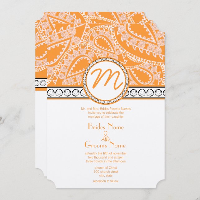Invitación a la boda del naranja Coral Monograma P (Anverso / Reverso)