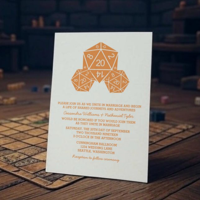 Invitación a la boda del naranja D20 dados (Orange D20 Dice Wedding Invite)