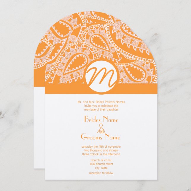 Invitación a la boda del naranja Paisley (Anverso / Reverso)