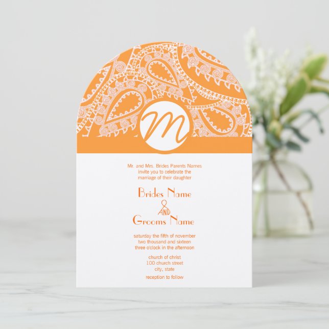 Invitación a la boda del naranja Paisley (Anverso de pie)