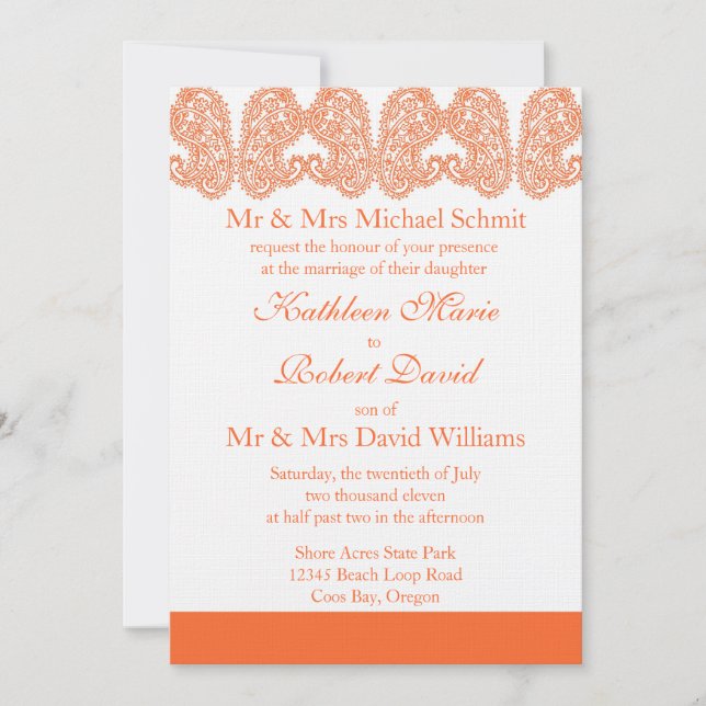 Invitación a la boda del naranja Paisley (Anverso)
