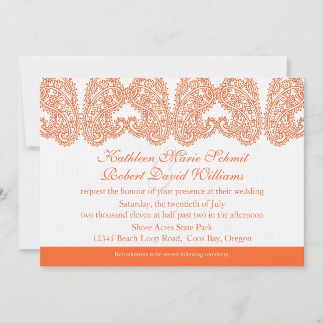Invitación a la boda del naranja Paisley (Anverso)