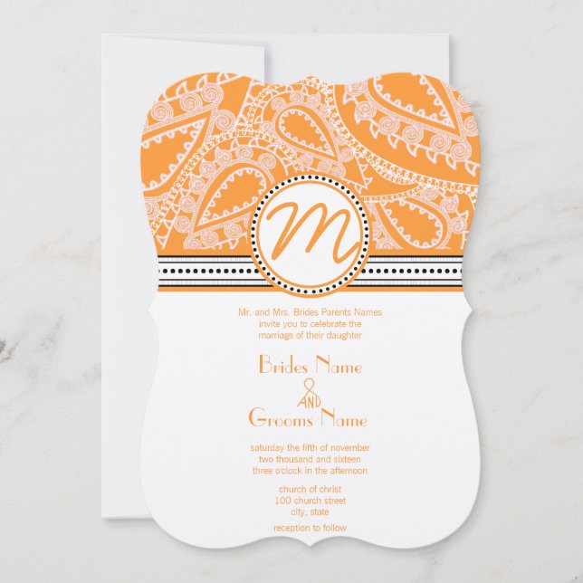 Invitación a la boda del naranja Paisley con punto (Anverso)