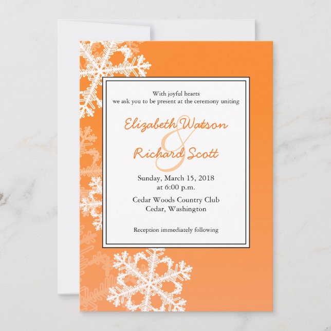 Invitación a la boda del naranja Snowflakes Navida (Anverso)