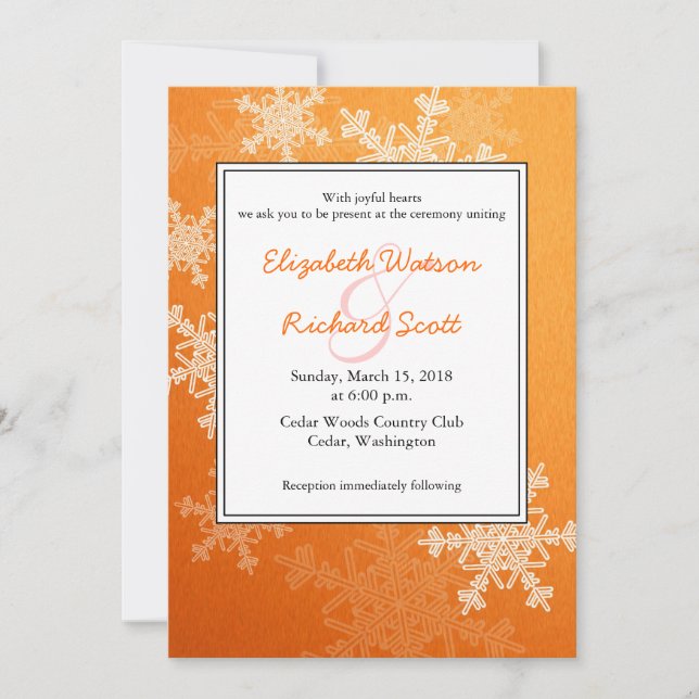 Invitación a la boda del naranja Snowflakes Navida (Anverso)
