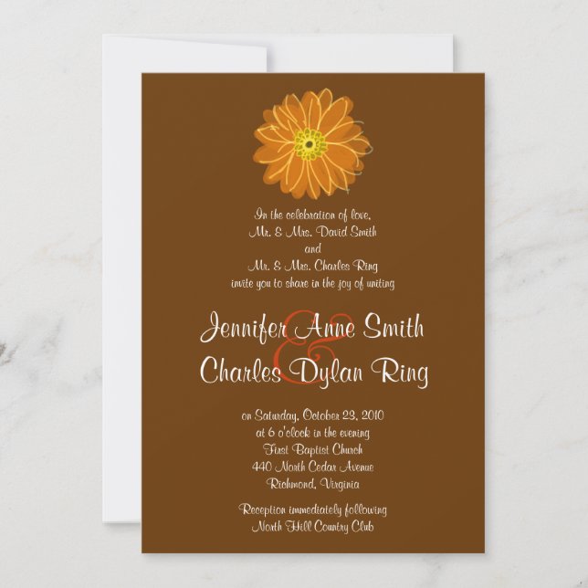 Invitación a la boda del Naranja y el gerber marró (Anverso)