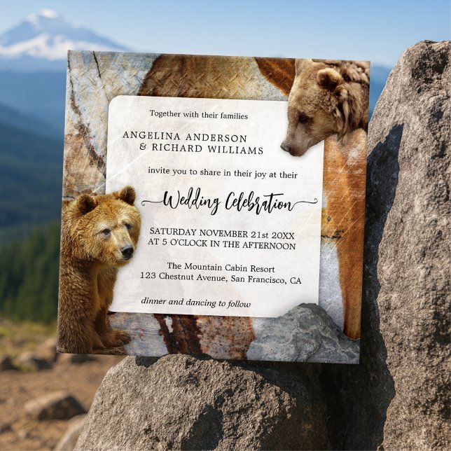 Invitación a la boda del oso de granito industrial (Industrial design wedding invitation featuring bears on a granite stone background)