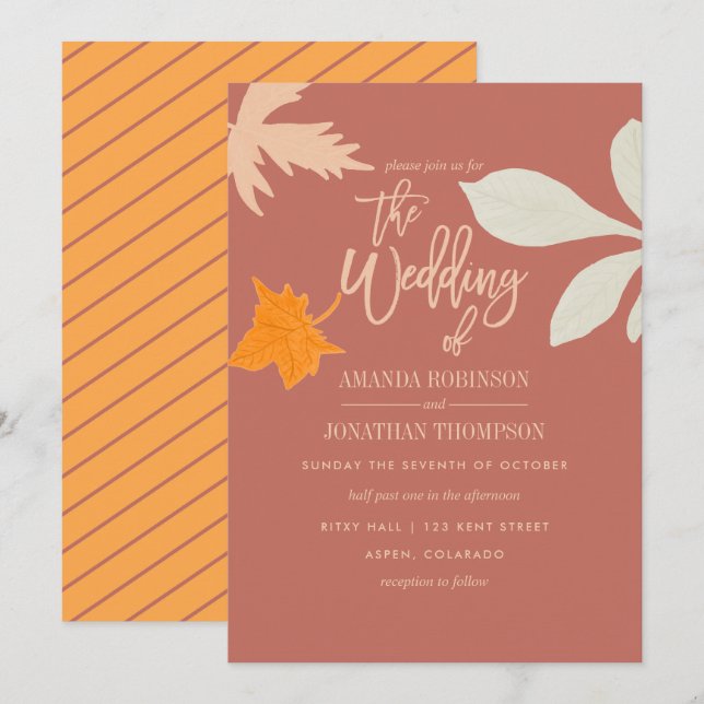 Invitación a la boda del otoño del naranja silenci (Anverso / Reverso)