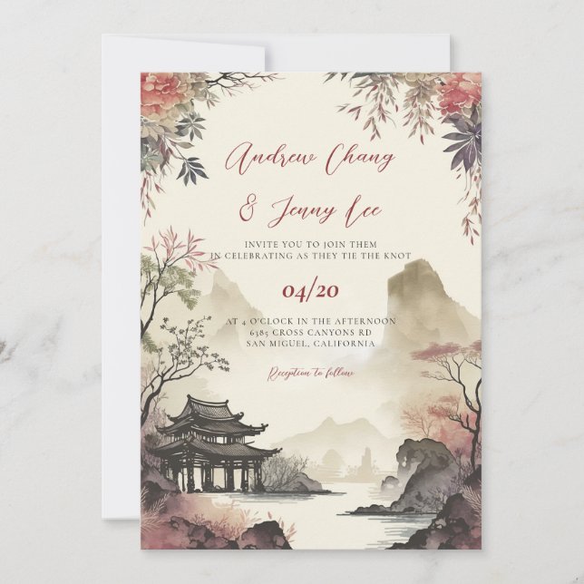Invitación a la boda del paisaje asiático chino (Anverso)