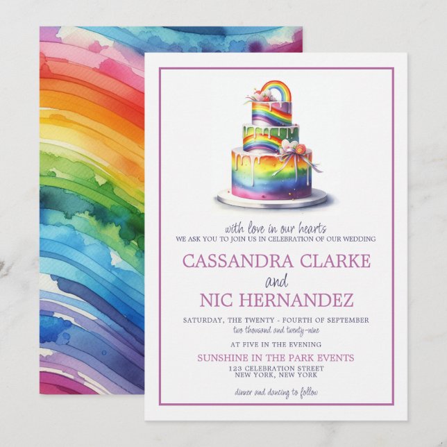 Invitación a la boda del pastel de arcoiris (Anverso / Reverso)