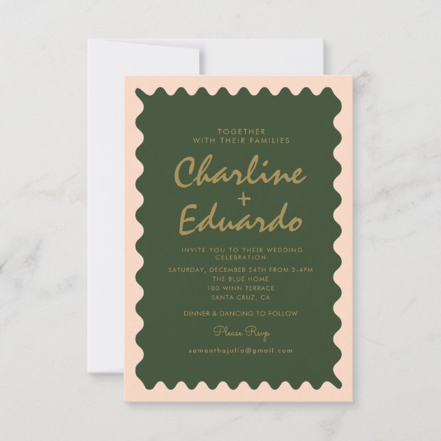 Invitación a la boda del Pastel de Peach verde ond (Anverso)