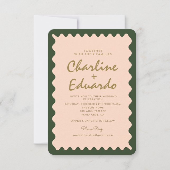 Invitación a la boda del Pastel de Peach verde ond (Anverso)