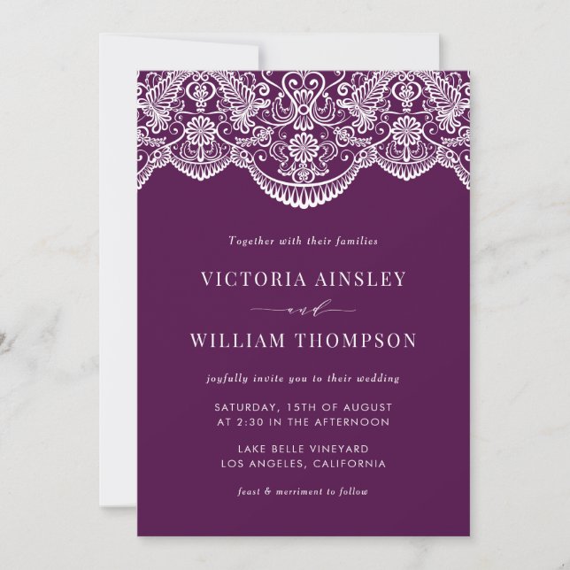 Invitación a la boda del patrón de encaje morado m (Anverso)