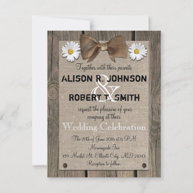 Invitación a la boda del patrón de madera rústica (Anverso)