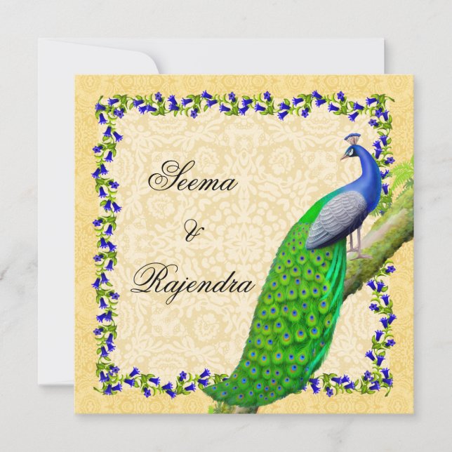 Invitación a la boda del pavo real azul de oro (Anverso)