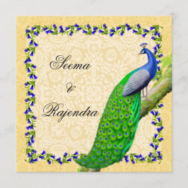 Invitación a la boda del pavo real azul de oro