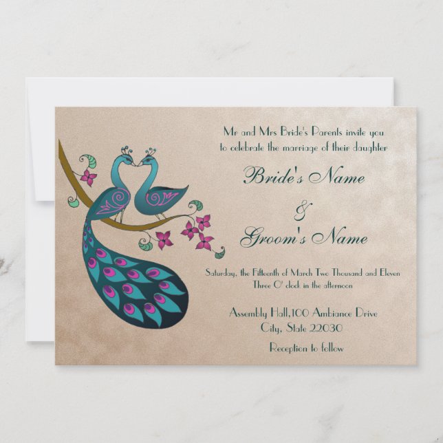 Invitación a la boda del pavo real, malva (Anverso)