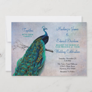 Invitación a la boda del pavo real Vintage Blue El