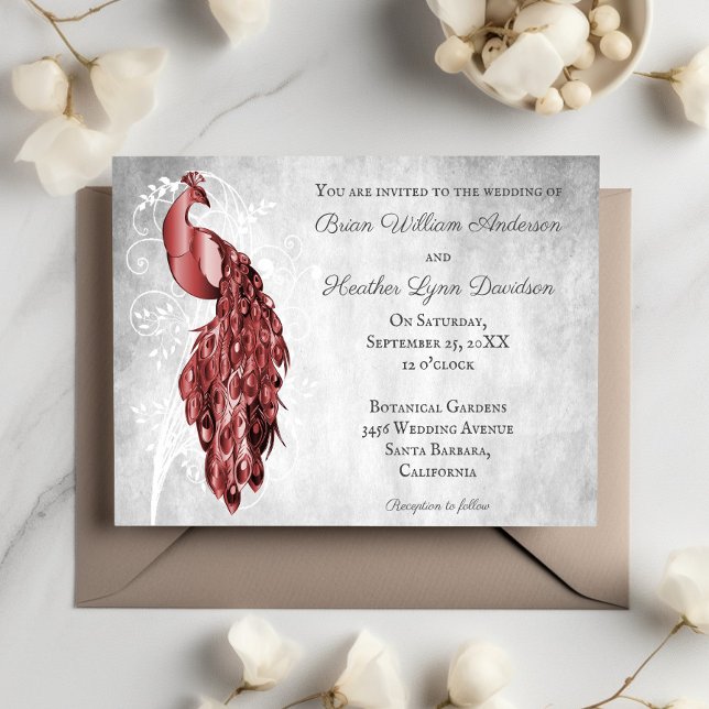 Invitación a la boda del Pavo Rojo (Red Peacock Wedding Invitation)