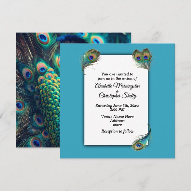 Invitación a la boda del perfil de pavo real (Anverso / Reverso)