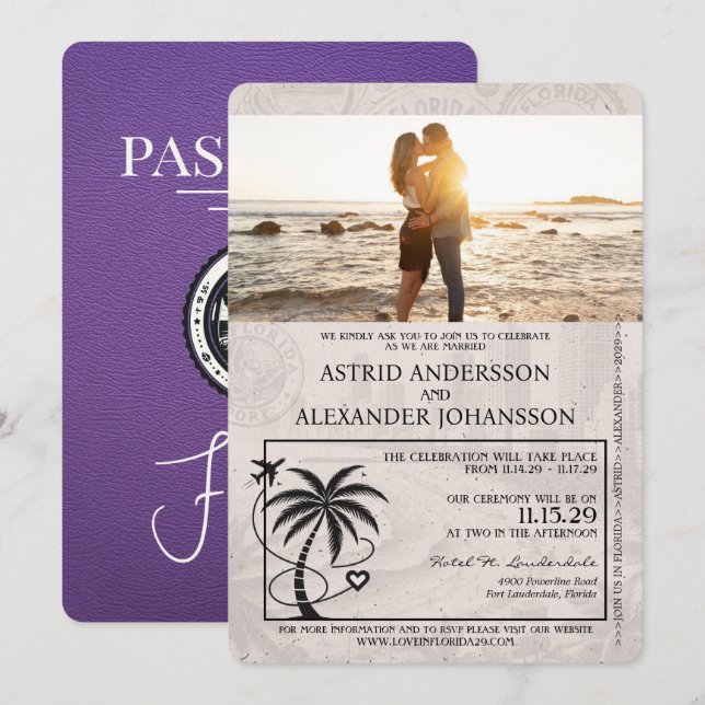 Invitación a la boda del Púrpura Florida Passport (Anverso / Reverso)
