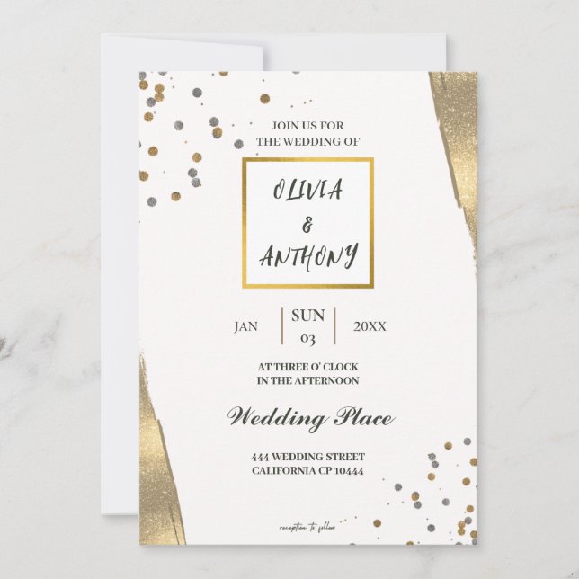 Invitación a la boda del purpurina de oro blanco d (Anverso)