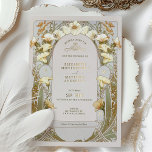 Invitación a la boda del Relieve metalizado dorado<br><div class="desc">Invitaciones nupciales Art Nouveau de Alphonse Mucha en un diseño floral, romántico y caprichoso. Los florecientes victorianos complementan los tipos de letra Art Deco clásicos. Por favor, introduzca la información de su personalizado y ya está listo. Si desea cambiar el diseño más adelante, simplemente pulse el botón azul "Personalizar". ¡Muchas...</div>