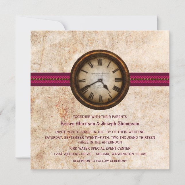 Invitación a la boda del reloj antiguo, Fuchsia (Anverso)