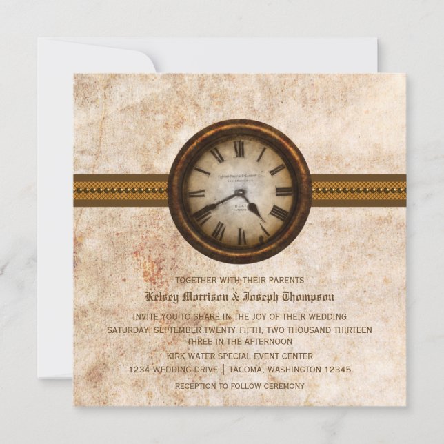 Invitación a la boda del reloj antiguo, marrón (Anverso)