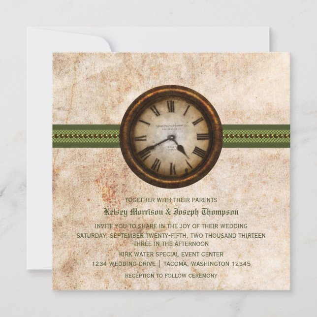 Invitación a la boda del reloj antiguo, verde (Anverso)