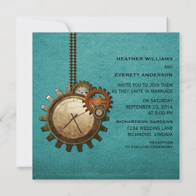 Invitación a la boda del reloj vintage, turquesa (Anverso)