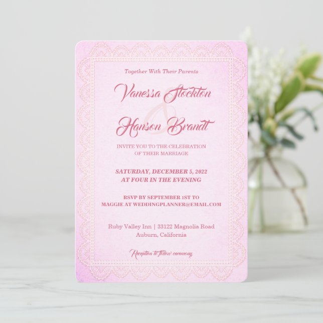 Invitación a la boda del Rosa de borde de encaje (Anverso de pie)