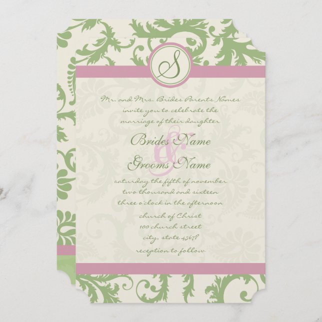Invitación a la boda del Rosa Petal Damask de Pist (Anverso / Reverso)