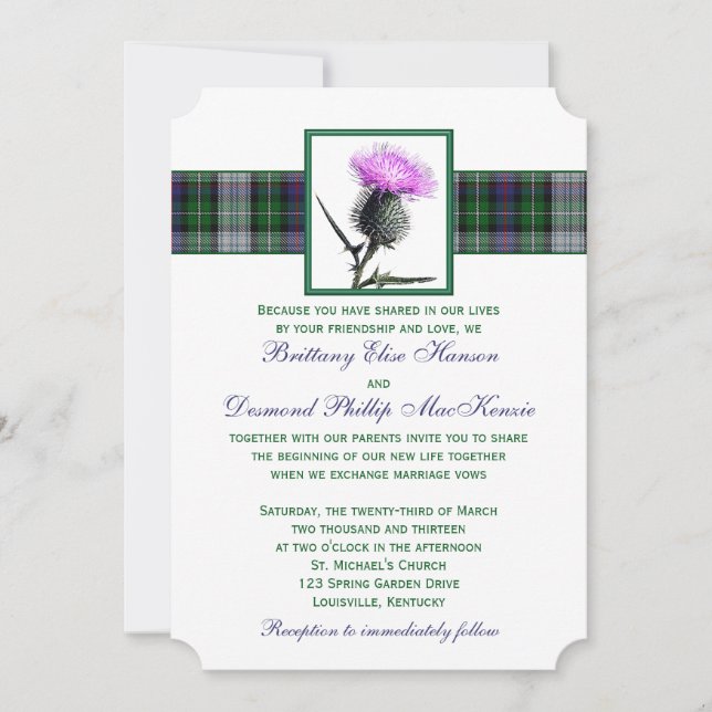 Invitación a la boda del silbato del tartán verde  (Anverso)